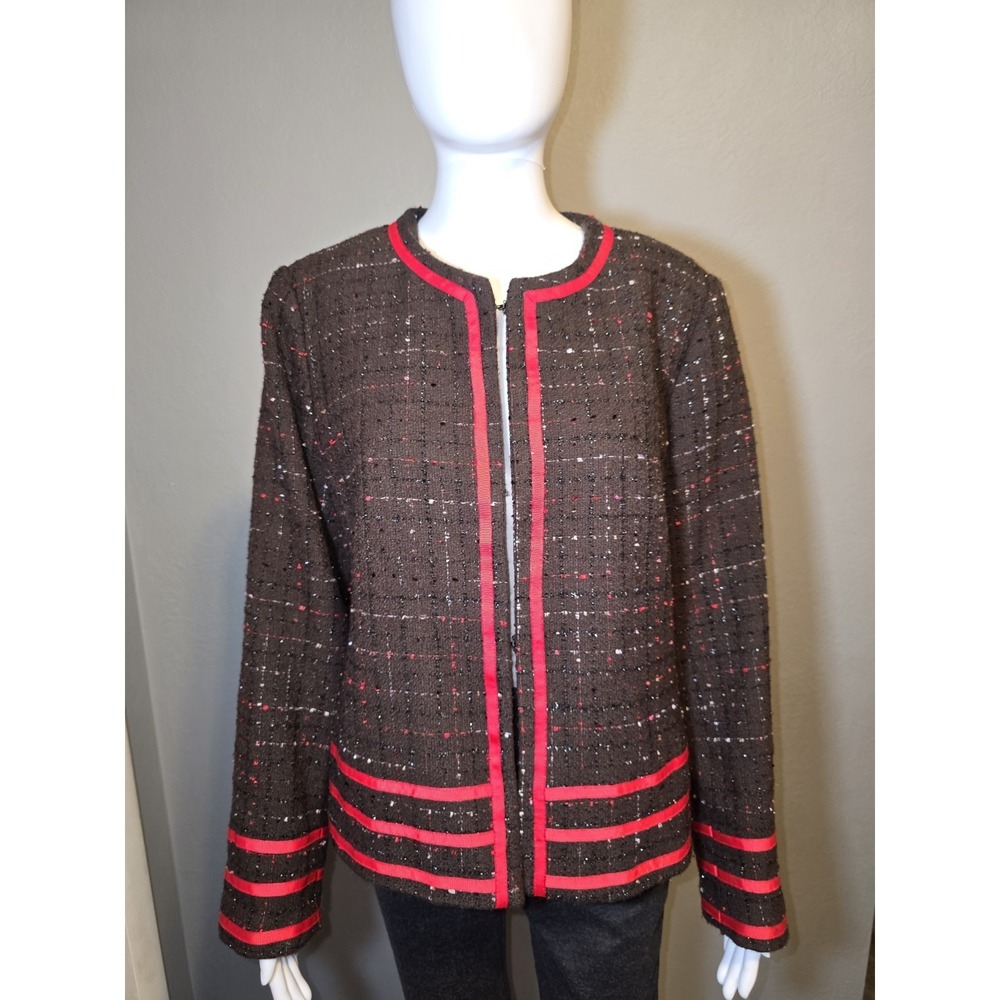 Tara Ryan Jacket Blazer Woven Textured Brown Red Metallic Classic Womens Sz 14